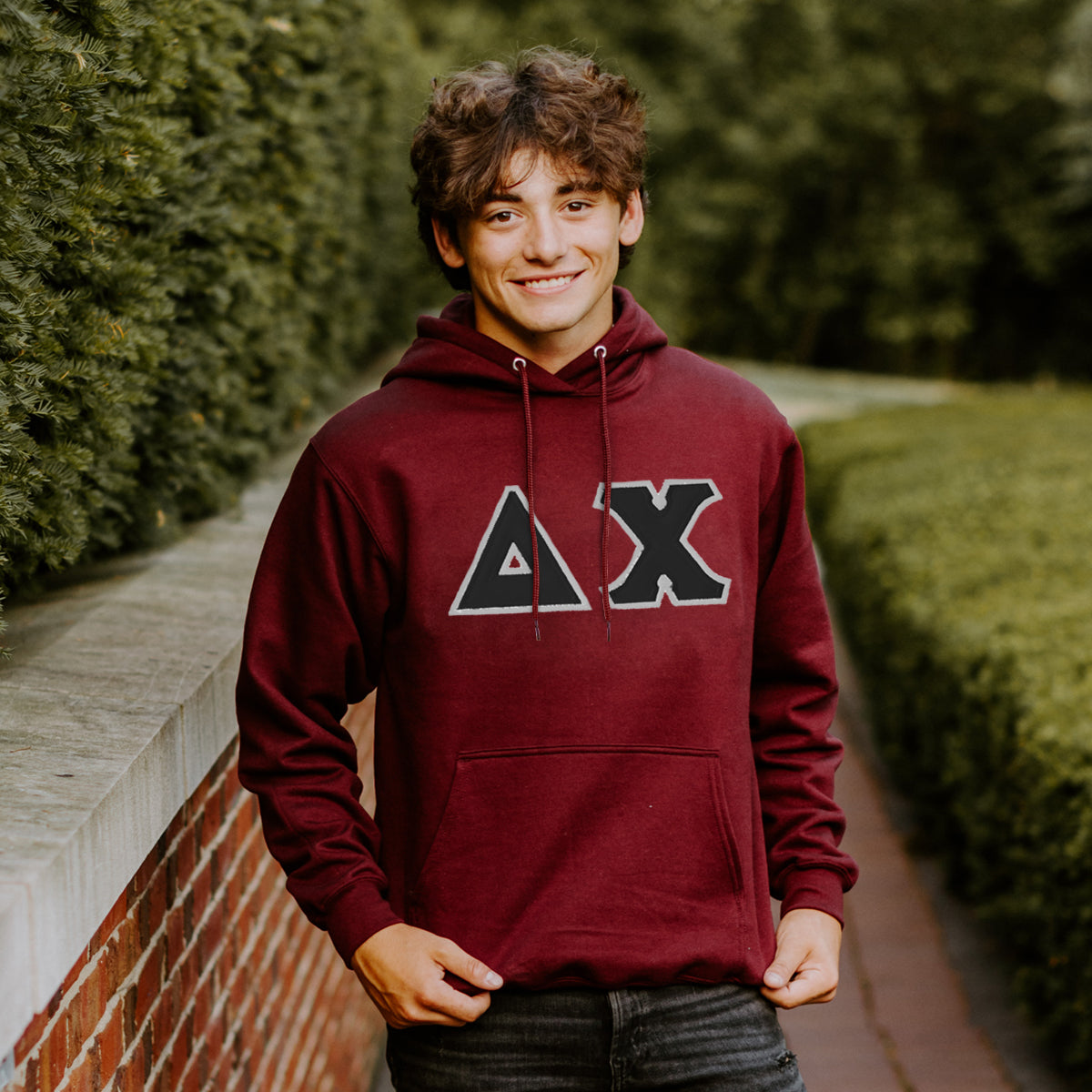 Delta Chi Deep Red Hoodie with Sewn On Letters
