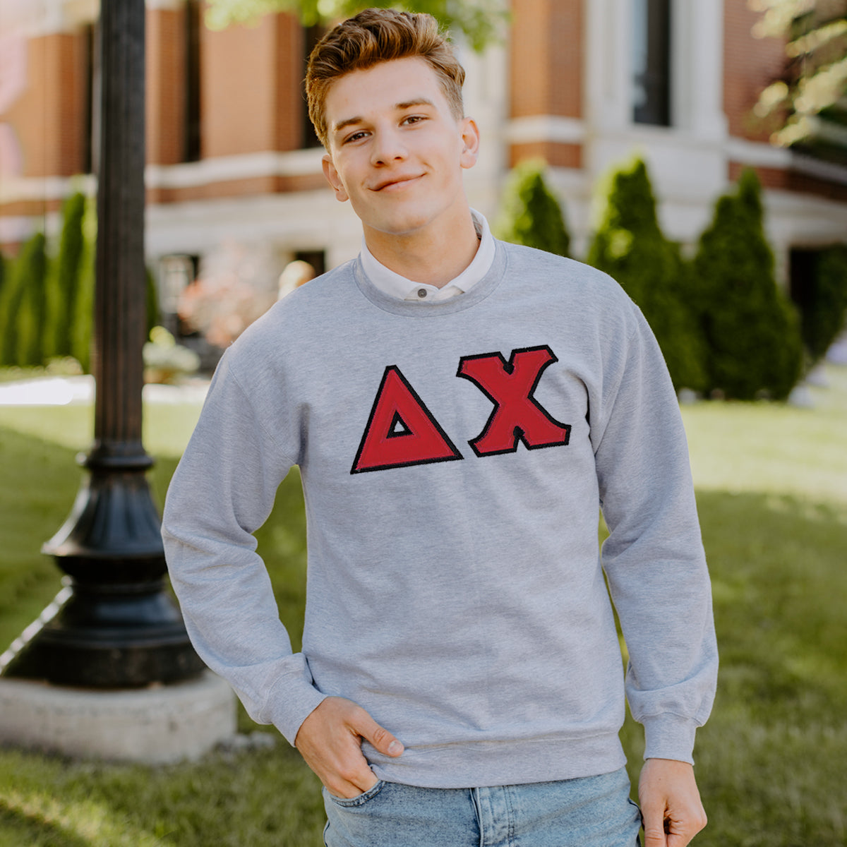 New! Delta Chi Heather Grey Crewneck With Sewn On Letters
