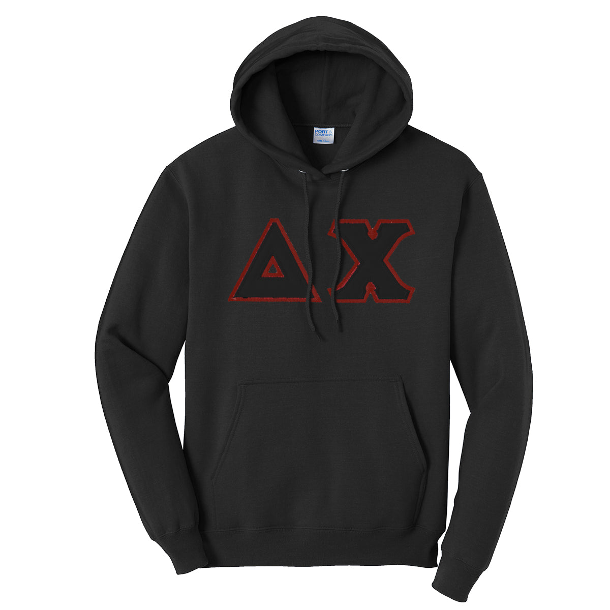 Delta Chi Black Hoodie with Sewn On Greek Letters