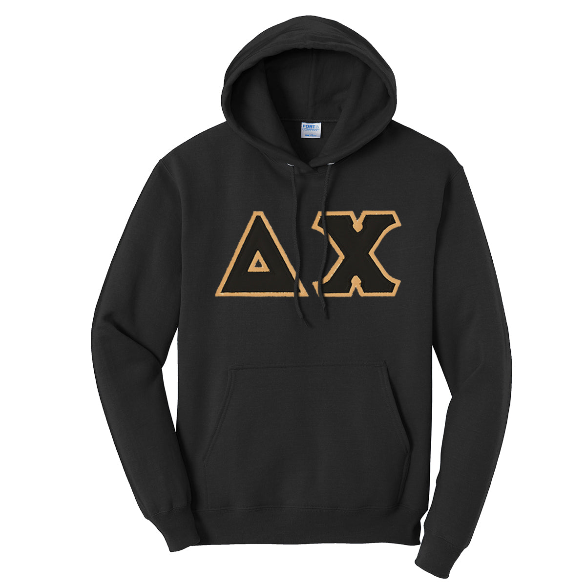 Delta Chi Black Hoodie with Black Sewn On Letters