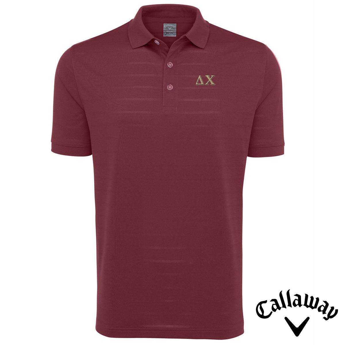 Delta Chi Maroon Callaway Opti-Vent Polo with gold embroidered Greek letters on the left chest.