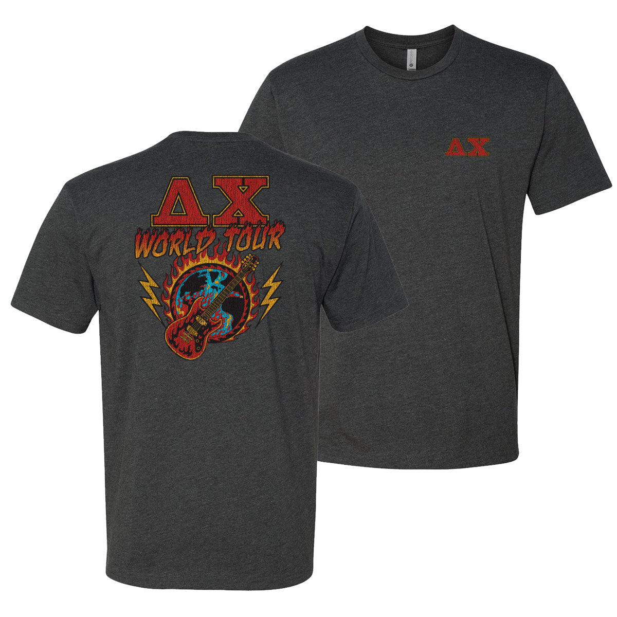Charcoal t-shirt called the Delta Chi World Tour tee with vintage rock-inspired design, bold Delta Chi letters on front, and fiery guitar graphic on back.
