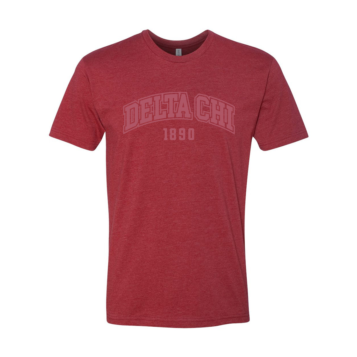 Red heather crew-neck tee with a subtle tonal arched ÒDelta ChiÓ print on the chest
