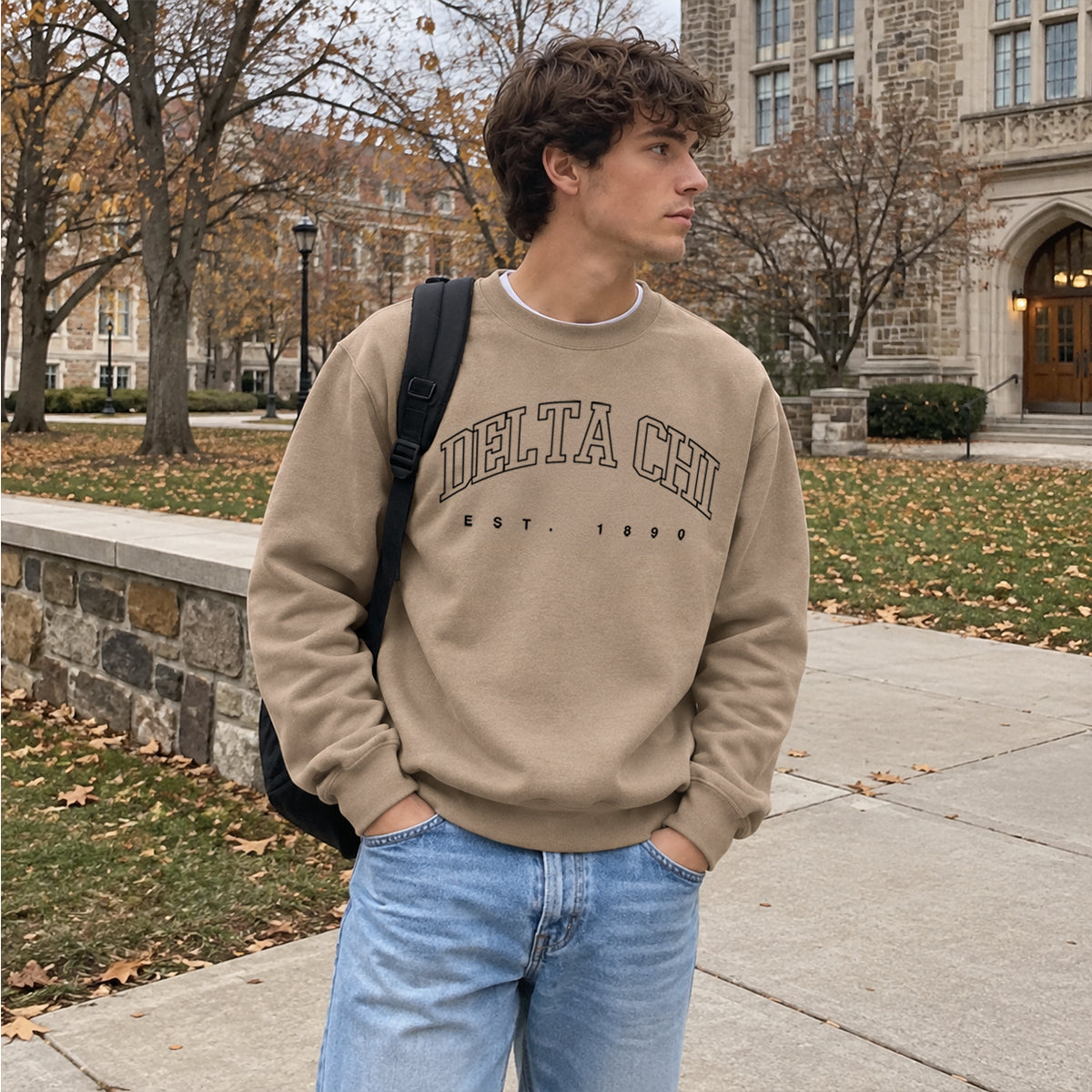 Man wearing a tan crewneck with premium classic fraternity design