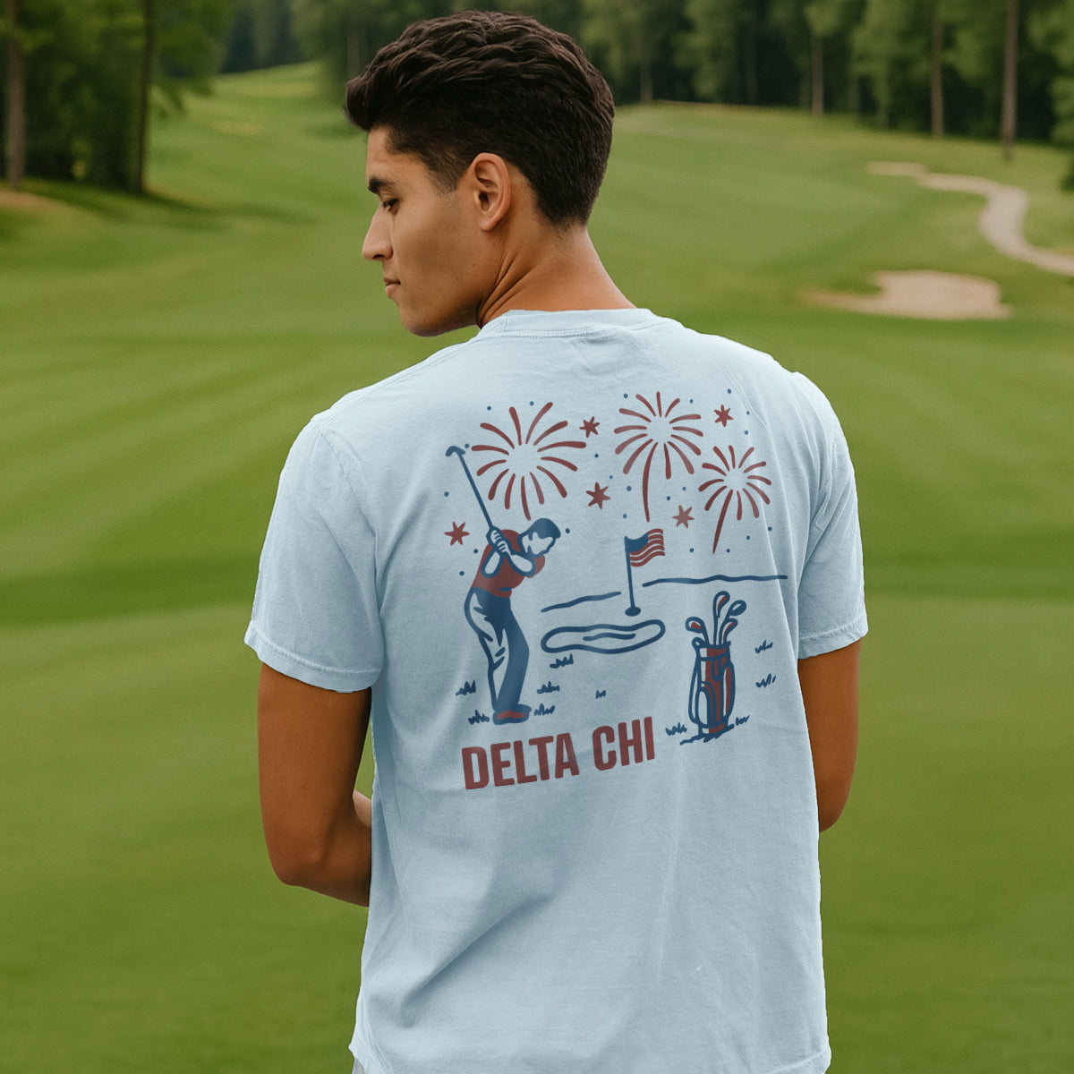 Delta Chi  frat merch featuring a patriotic golf graphic tee.
