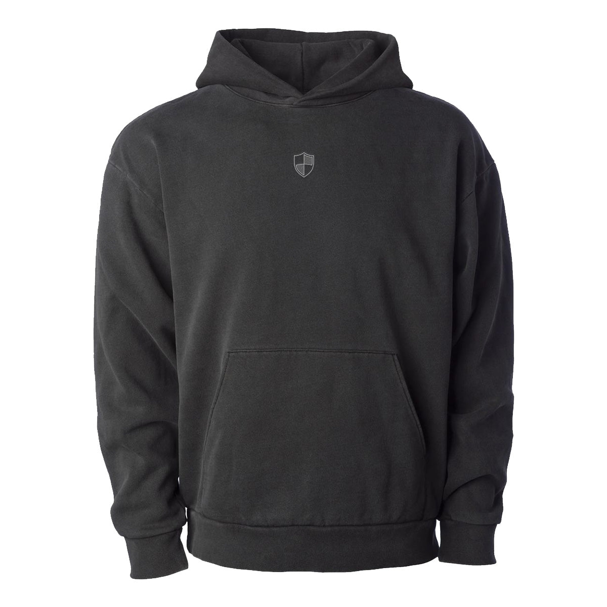 Black heavyweight hoodie with Delta Chi Greek letters embroidered in white on the center chest.