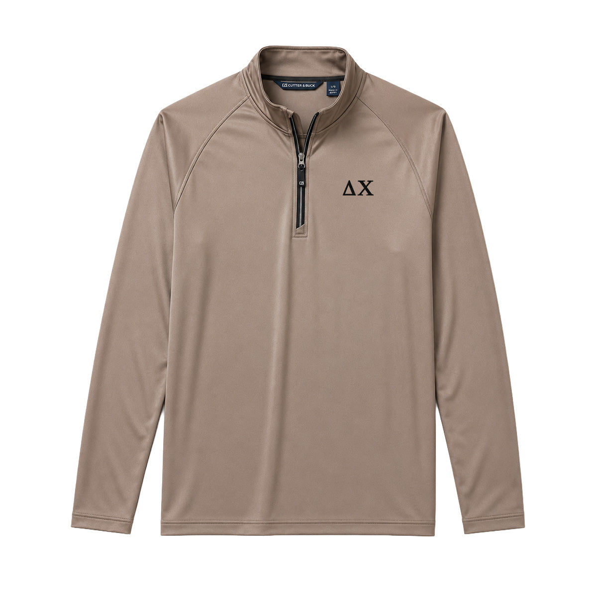 Mushroom Cutter & Buck Adapt quarter-zip pullover with black embroidered Delta Chi Greek letters on the left chest.