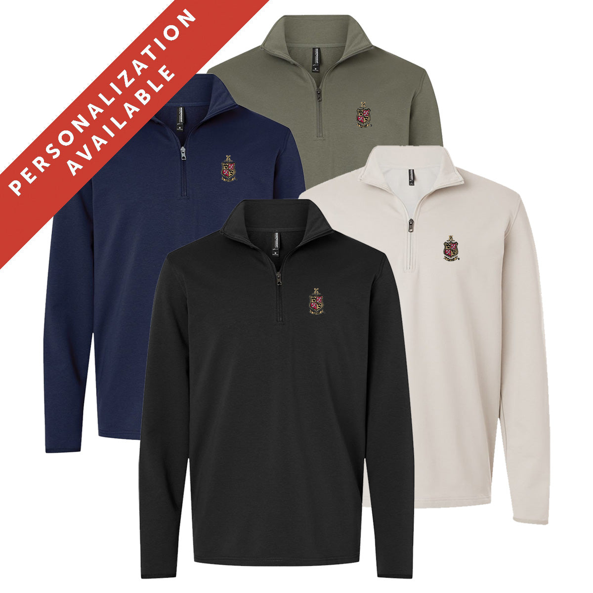 Four Delta Chi Embroidered Luxe Quarter Zips in black, smoke, navy, and pine colors with Crest embroidery on the left chest. Banner reads Personalization Available.
