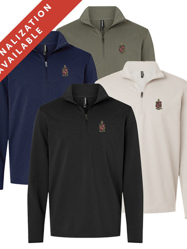Four Delta Chi Embroidered Luxe Quarter Zips in black, smoke, navy, and pine colors with Crest embroidery on the left chest. Banner reads Personalization Available.