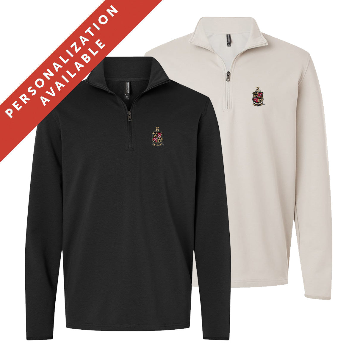 Two Delta Chi Embroidered Luxe Quarter Zips in black and smoke colors with crest embroidery on the left chest. Banner reads Personalization Available.
