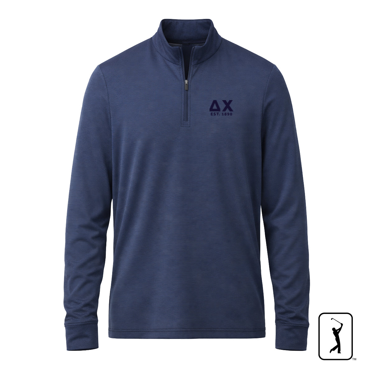 Navy fraternity quarter zip pullover with Greek letters and founding year, lightweight performance 1/4 zip front view