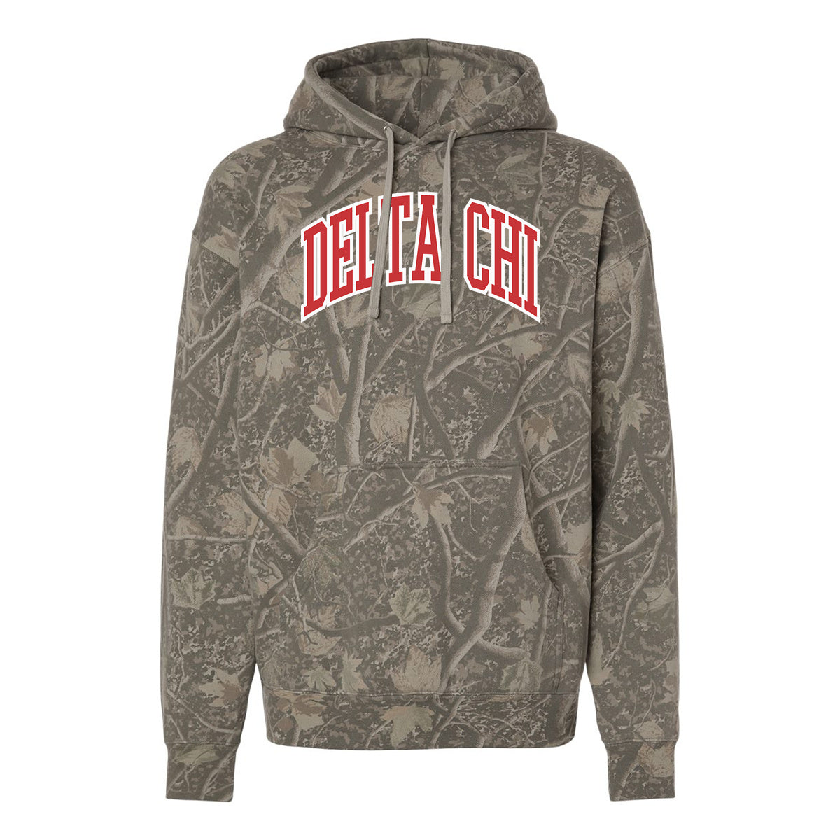 Delta Chi Deadwood Camo Hoodie featuring an all-over woodland camouflage print, red and white arched Delta Chi lettering, drawstring hood, and kangaroo pocket.