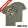 Front and back view of moss green Comfort Colors T-shirt featuring woodland deer back graphic and small chest print.