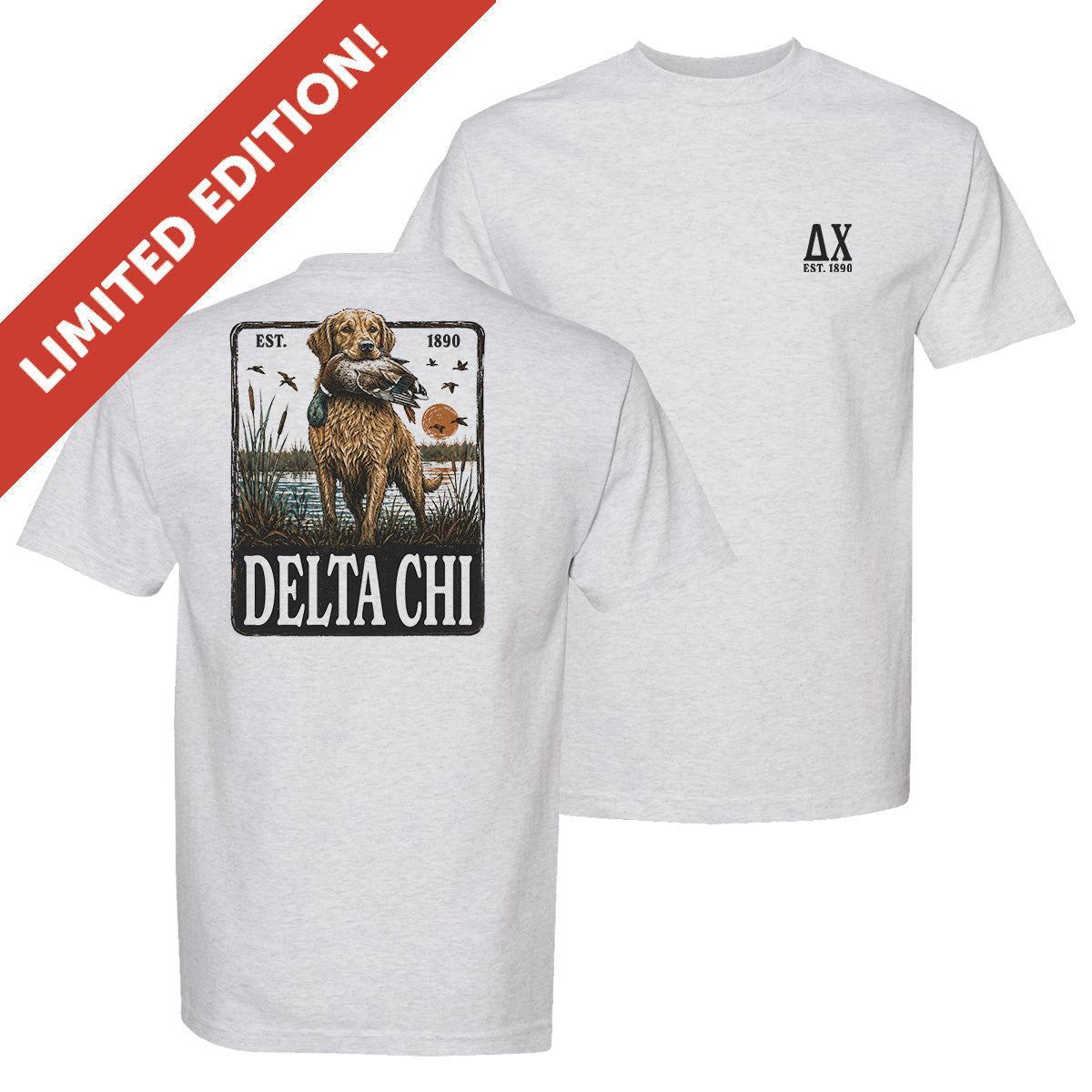 White short-sleeve graphic T-shirt featuring a small left chest print and a large outdoor-inspired illustration on the back.