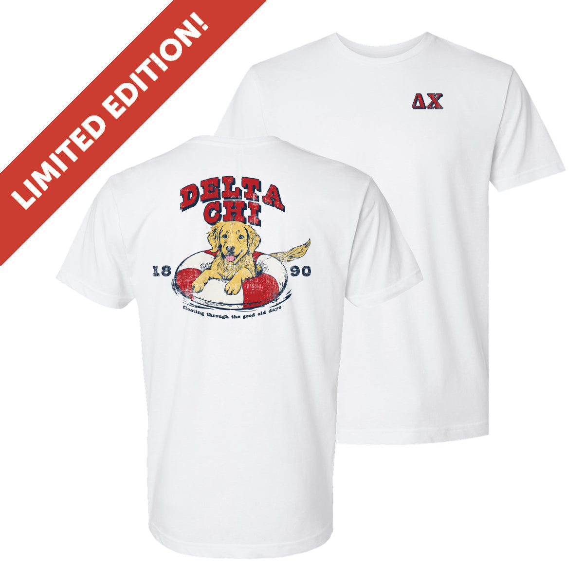Delta Chi Wags & Waves fraternity t-shirt featuring a golden retriever dog floating in an innertube