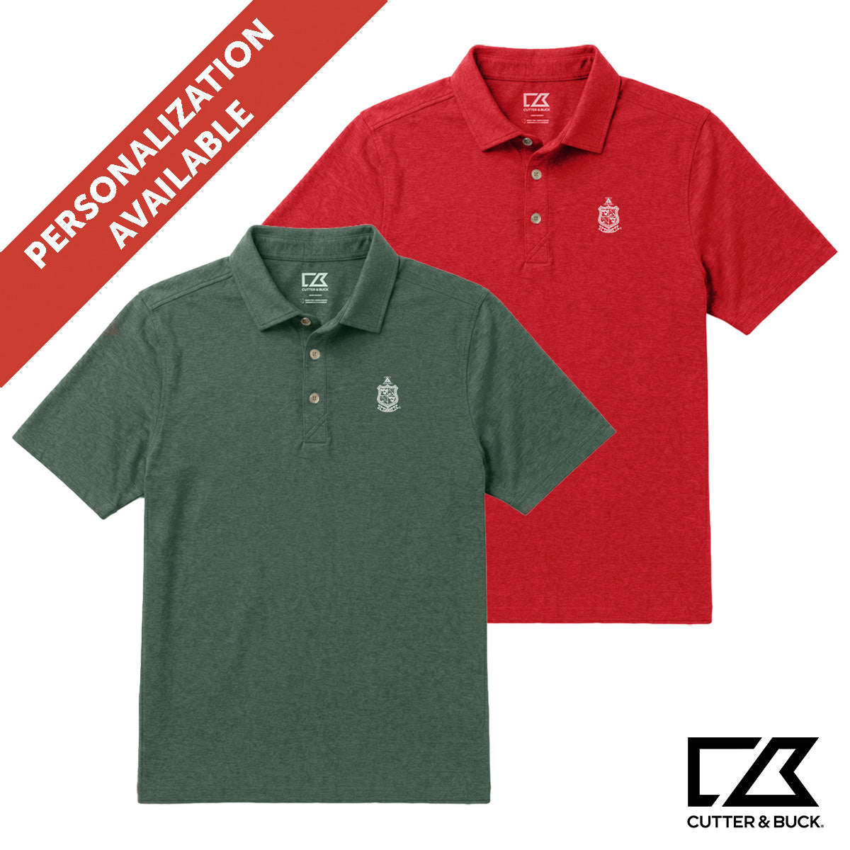 Two heathered Cutter & Buck polo shirts in green and red with embroidered crest detail and personalization available.