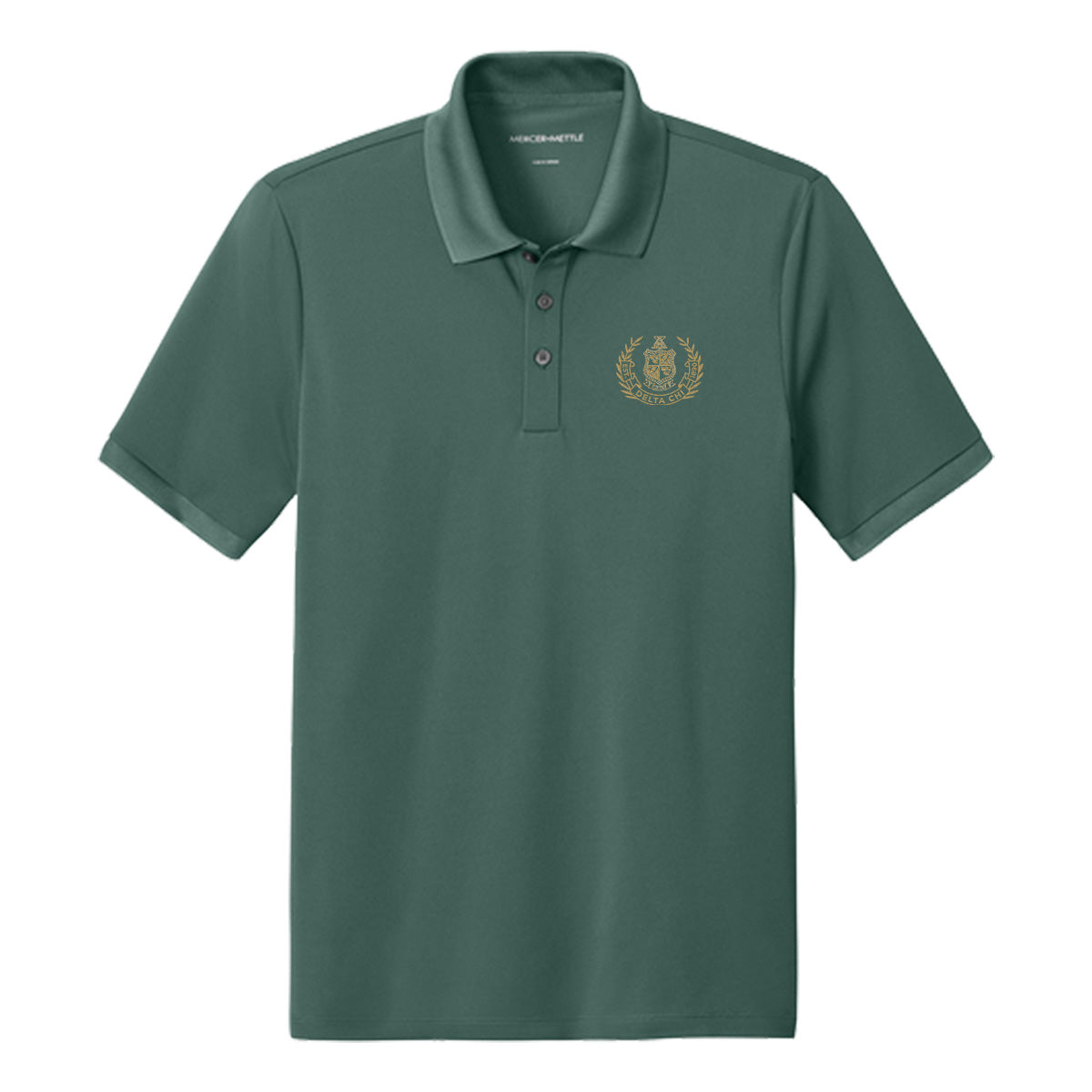 Front view of Green polo featuring embroidered laurel design.