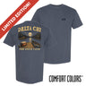 Front and back view of a blue Comfort Colors graphic t-shirt with vintage lake-inspired artwork