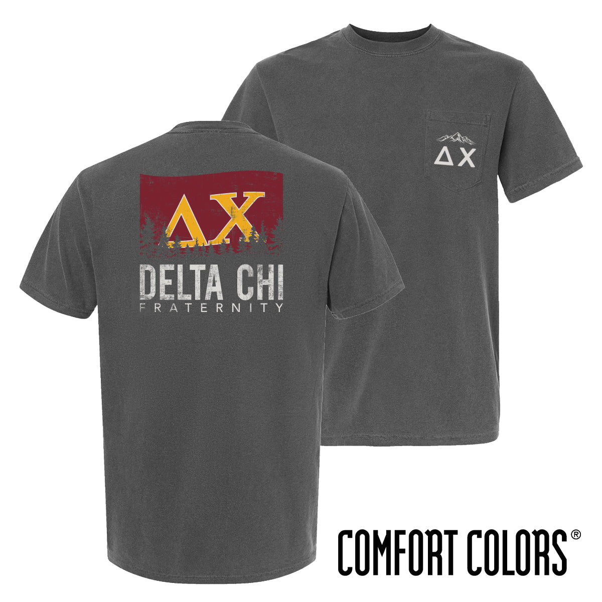 Fraternity grey short sleeve tee with colorful flag design on back and chest pocket log