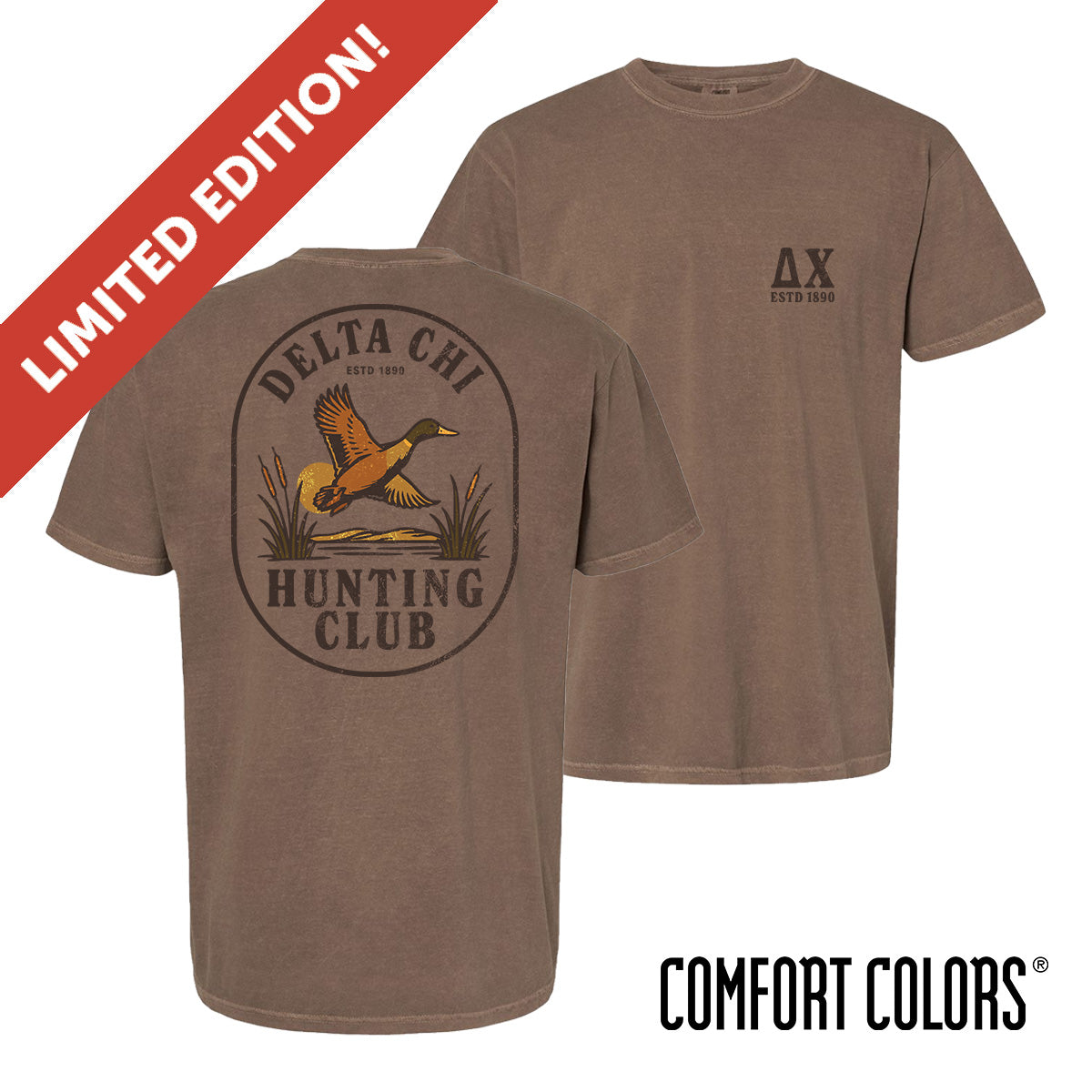 Brown garment-dyed short-sleeve tee featuring a vintage-inspired graphic: a weathered oval frames a mallard in mid-flight with burnt orange and mossy green-tipped wings above rippling water and cattails; distressed Delta Chi arcs overhead and Delta Chi letters bold and rugged on the front.