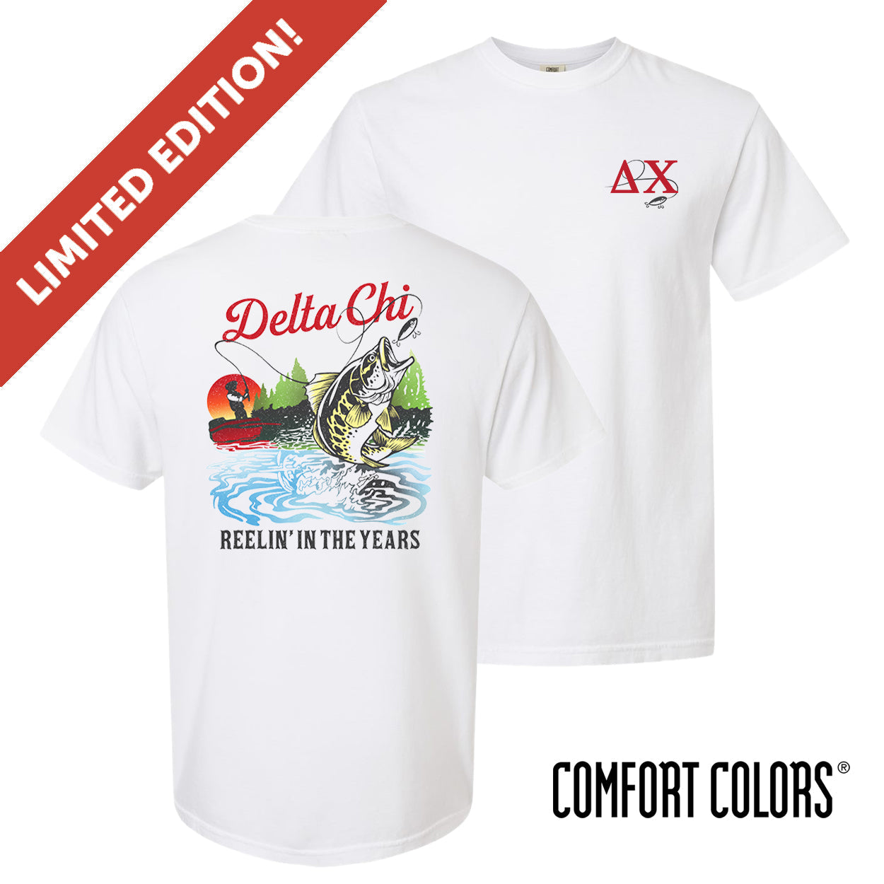 Delta Chi fraternity merch with a vintage-inspired fish graphic on the back.