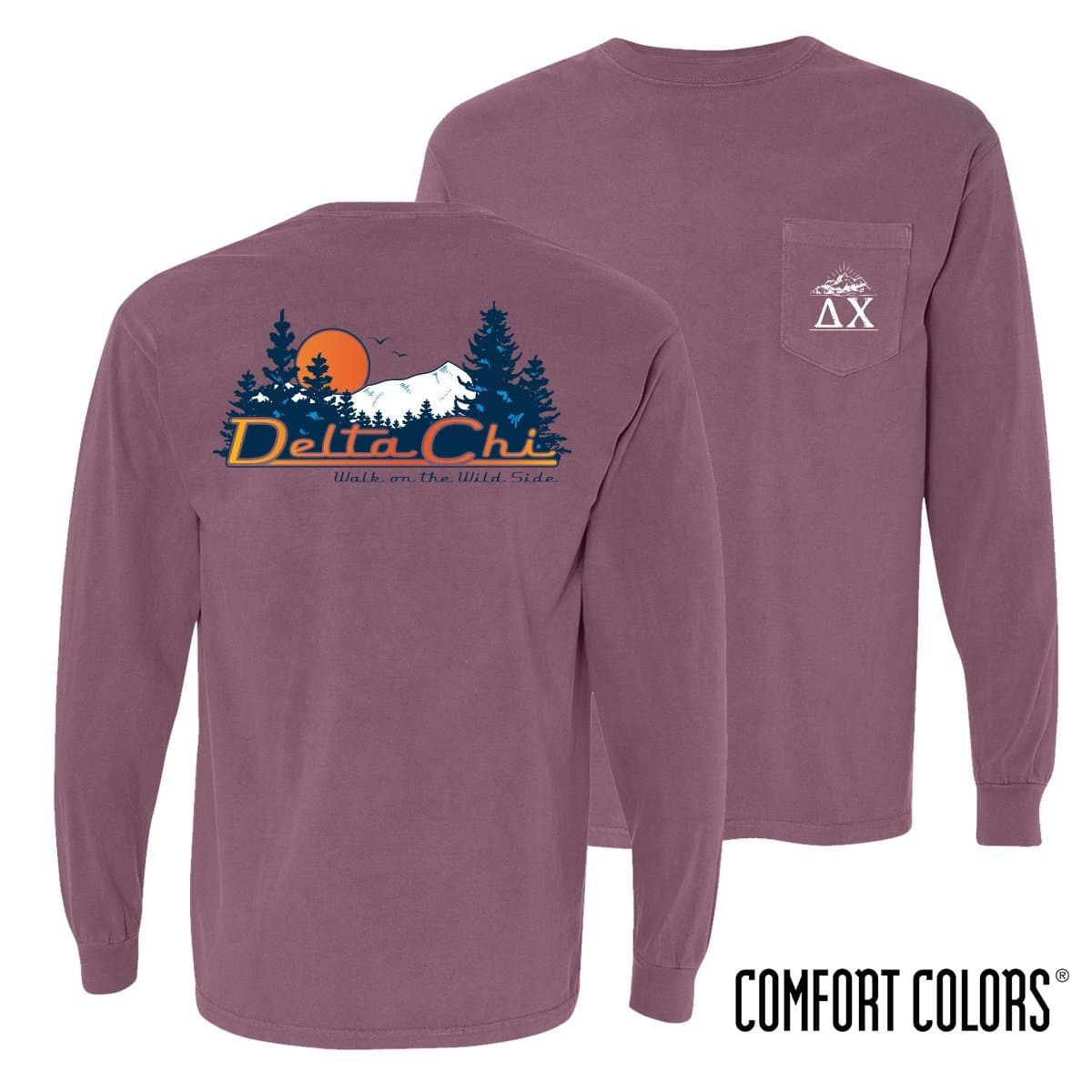 Delta Chi Comfort Colors Berry Retro Wilderness Long Sleeve Pocket Tee | Delta Chi | Shirts > Long sleeve t-shirts