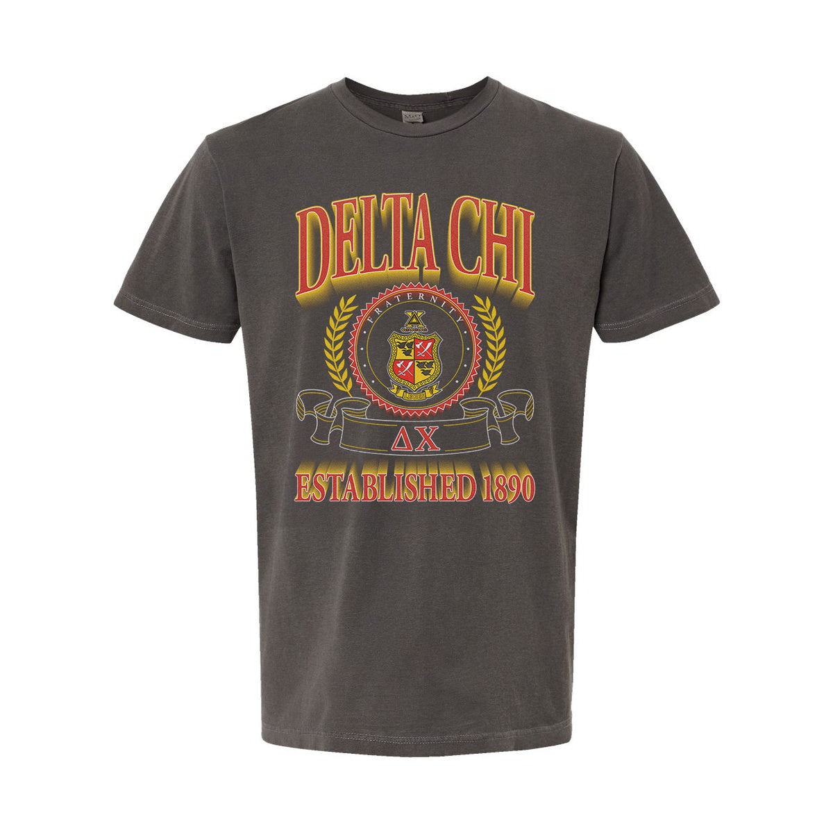 Delta Chi Collegiate Crest Graphic Tee in charcoal grey featuring bold Delta Chi lettering, fraternity crest, Greek letters, and established year design.