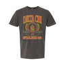 Delta Chi Collegiate Crest Graphic Tee in charcoal grey featuring bold Delta Chi lettering, fraternity crest, Greek letters, and established year design.