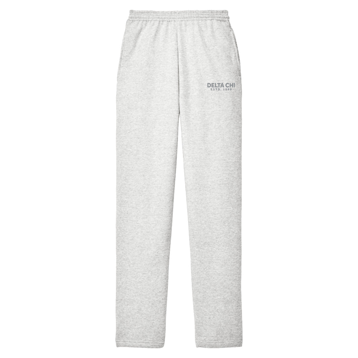 Ash gray classic fleece sweatpants with a relaxed straight-leg fit, elastic waistband, open-bottom cuffs, and subtle printed design on the upper leg.