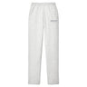 Ash gray classic fleece sweatpants with a relaxed straight-leg fit, elastic waistband, open-bottom cuffs, and subtle printed design on the upper leg.