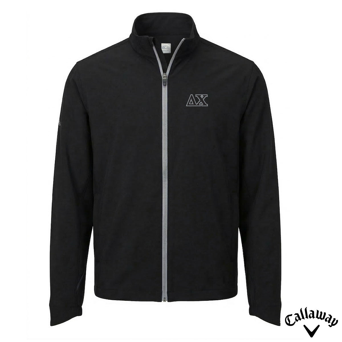 Black Callaway full-zip water-repellent golf jacket with Greek letter embroidery on chest displayed on white background