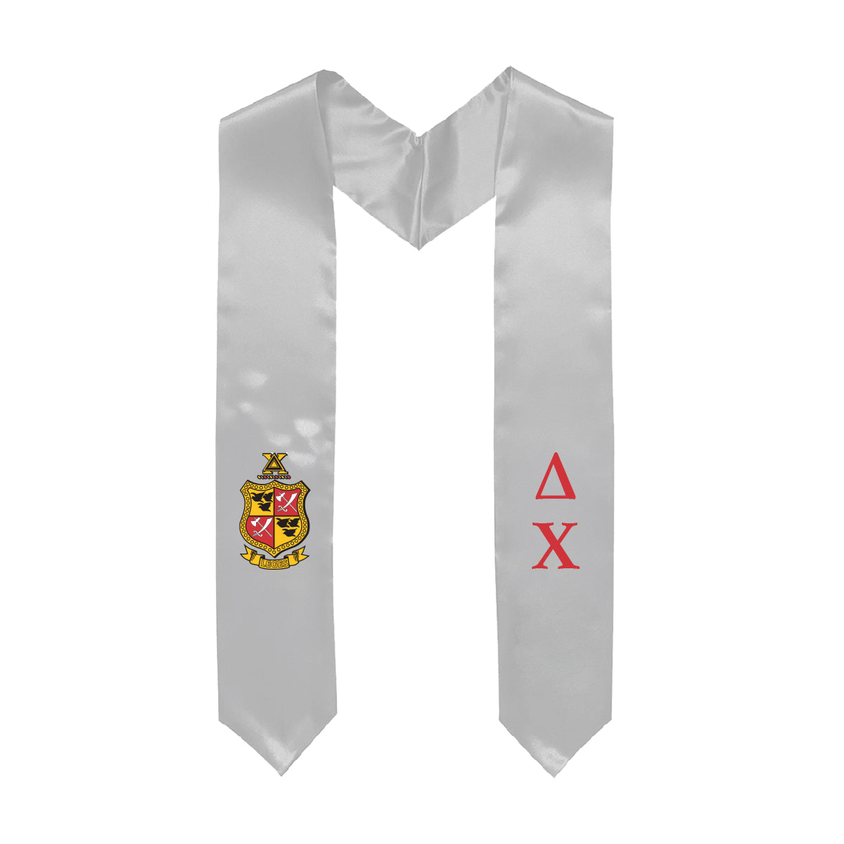 White graduation stole decorated with Greek letters and Coat of Arms
