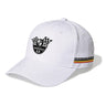 White baseball cap on a plain background featuring an embroidered Delta Chi racing-style crest on the front and a multicolor stripe detail with “64th International Convention” text on the side.