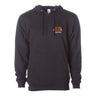 Black hooded sweatshirt on a plain background featuring a small Delta Chi chest graphic, front kangaroo pocket, and adjustable drawstrings.