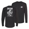 Black long sleeve shirt shown front and back on a plain background, featuring a small Delta Chi chest graphic and a large convention-themed back design with 2026 artwork and racing elements.