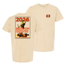 Beige T-shirt shown front and back on a plain background, featuring a small Delta Chi chest graphic and a large vintage-inspired back design with 2026 convention artwork and racing elements.